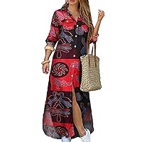 GRASWE Women's V Neck Button Down Dress Loose Maxi Dresses Casual Long Sleeve Tshirts Dresses with Pockets