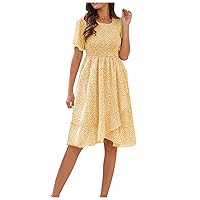 Summer Long Dresses for Women 2023 Mock Neck Ruffle Cap Sleeve Sundress Fit Split Hem Tiered A-Line Mini Dress