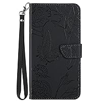 Wallet Case Compatible with Oppo Realme C15, Butterfly Flower PU Leather Wallet Flip Folio Case with Wrist Strap for Realme C15 (Black)