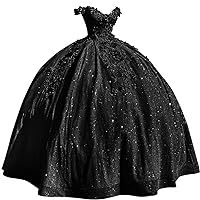 Women's Glitter Tulle Quinceanera Dresses Ball Gown Lace Prom Dress Off Shoulder Princess Sweet 16 Dresses