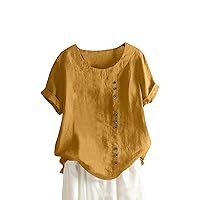 Women's ’S Plus Size Tops Neck Vintage Cotton and Hemp Solid Button Short Sleeve T-Shirt Top Mexican Shirts, S-5XL