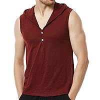Mens Workout Hooded Tank Tops Sleeveless Athletic Shirts V Neck Button Sports T-Shirt Solid Sports Gym Vest Tee