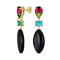 Unique Geometric Linear Black Pink Green Turquoise Rhombus Teardrop Rectangle Multi Shape CZ & Natural 3 Multi-Tier Gemstone Party Dangling Statement Earrings for Women in 14K Yellow Gold Plated
