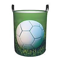 Green Soccer Ball On Grassy Round waterproof laundry basket,foldable storage basket,laundry Hampers with handle,suitable toy storage