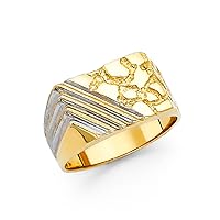 Mens Square Nugget Ring Solid 14k Yellow Gold Band Diamond Cut Textured Large Two Tone 12MM Size 9.5