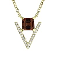 14K Yellow Gold Princess Shape .42ct Garnet & .04ct White Diamond Pendant Necklace