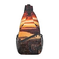 Sunset In Barcelona Printed Crossbody Sling Backpack,Casual Chest Bag Daypack,Crossbody Shoulder Bag For Travel Sports Hiking