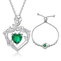AGVANA May Birthstone Jewelry Emerald Necklace Bracelet for Women Sterling Silver CZ Rose Flower Heart Pendant Mothers Day Gifts for Mom Anniversary Birthday Gifts for Girls Her