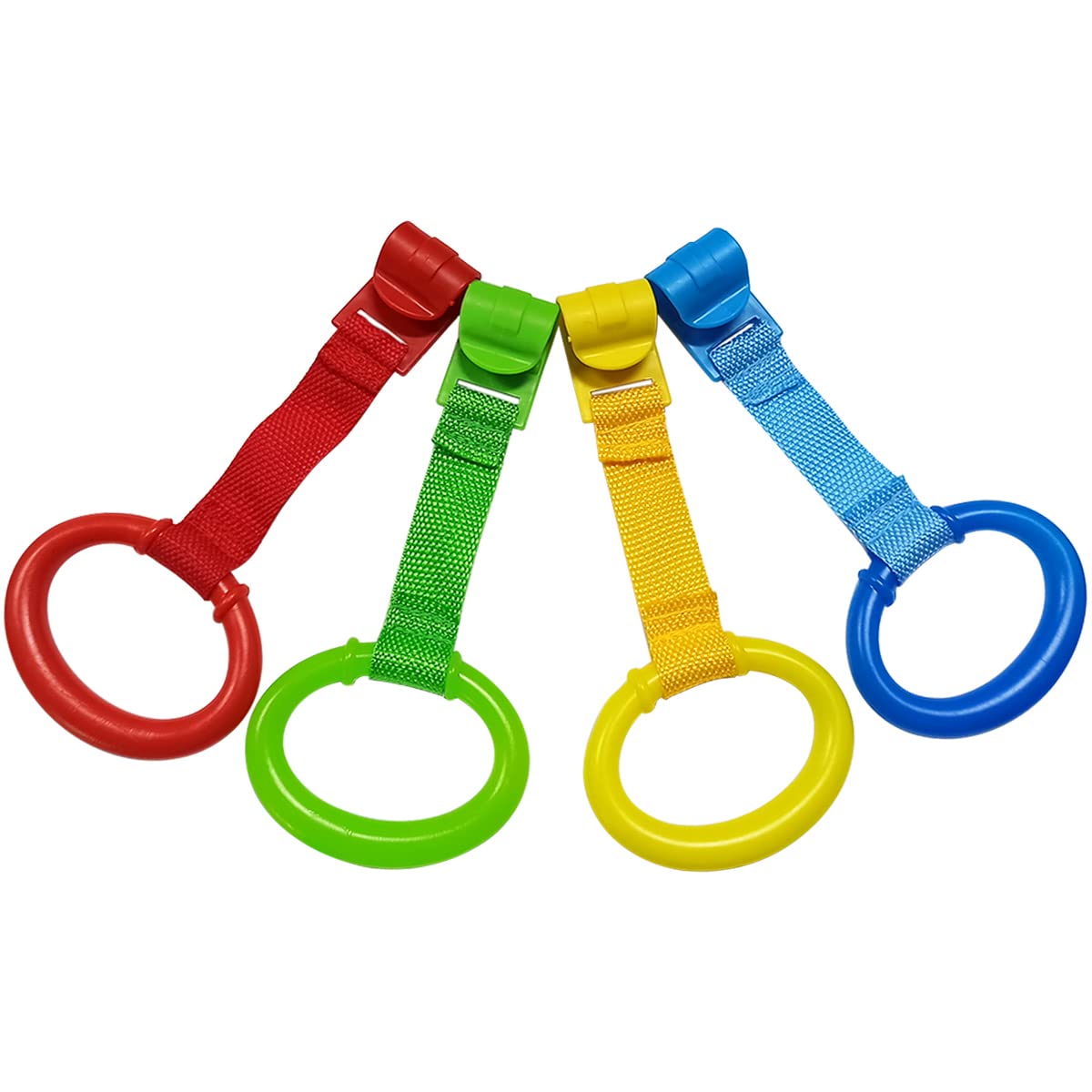 4 PCS 4 Colors Plastic Baby Crib Pull Rings Kids Walking Exercises Assistant Stand Up Rings Baby Cot Hanging Rings for Infant Baby Toddler Practice Tool
