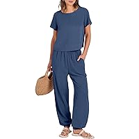 ANRABESS Womens 2 Piece Sets Short Sleeve Crop Top & Wide Leg Pants Casual Linen Lounge Set Summer Beach Travel Outfits