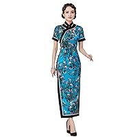 Cheongsam Dresses Silk Printed Mock Neck Oblique Placket Short Sleeve Long Qipao H3221M Blue