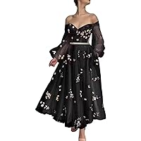 Women's Puffy Sleeve Prom Dresses Flower Embroidery Tulle Formal Evening Party Gowns