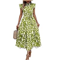 Women's Summer Dresses 2024 Casual Cap Sleeve Print Flyaway Sleeves Ruffle Hem Dress