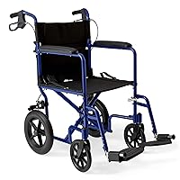 Lightweight Foldable Transport Wheelchair with Handbrakes and 12-Inch Wheels, Blue Frame, Black Upholstery