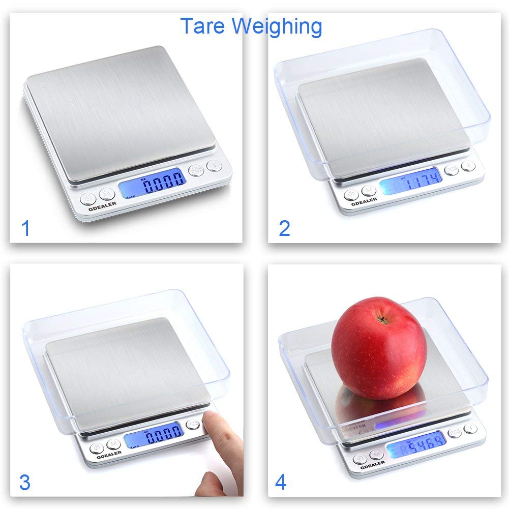 GDEALER Food Scale, 0.001oz/0.01g Precise Digital Kitchen Scale Gram Scales Weight Food Coffee Scale Digital Scales for Cooking Baking Stainless Steel Back-lit LCD Display Pocket Small Scale, Silver
