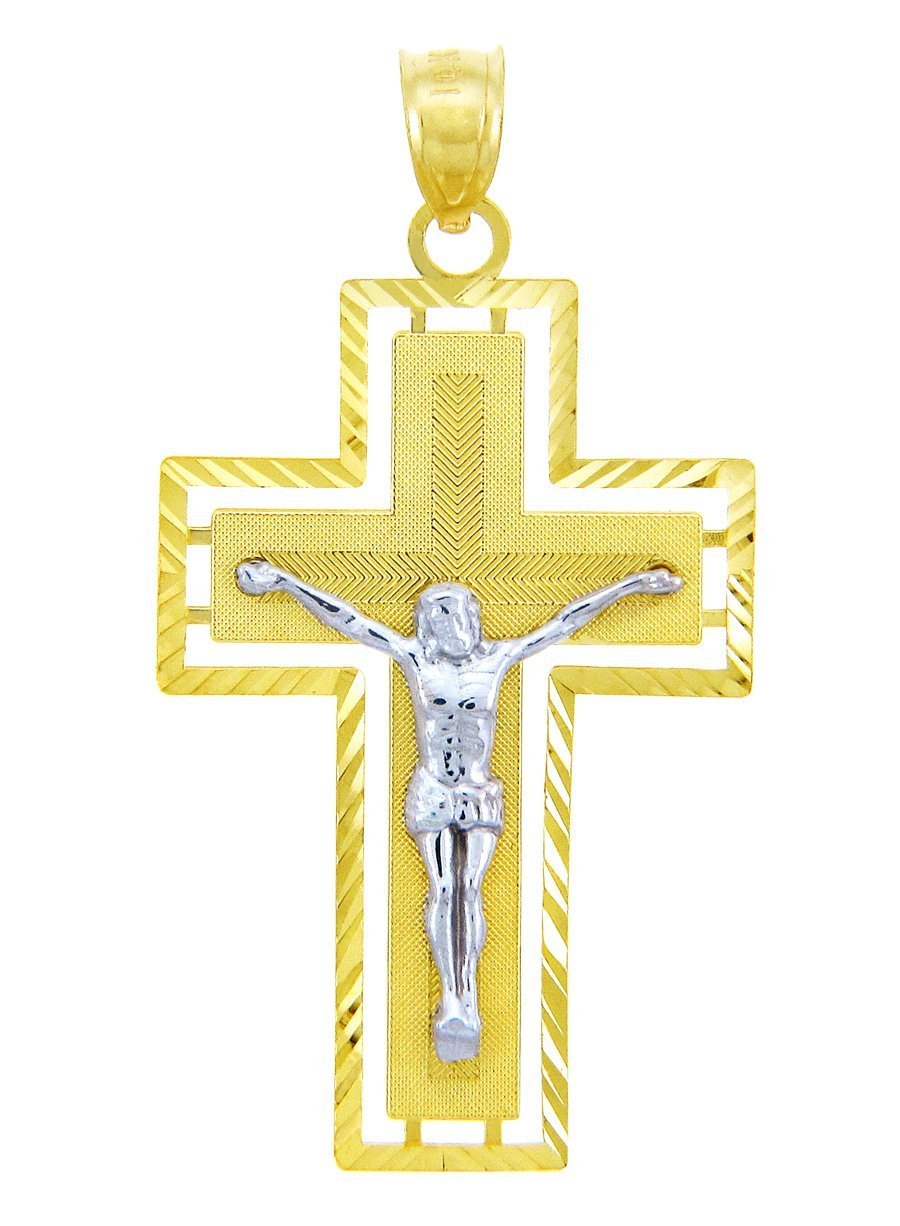 Solid 14k Two-Tone Gold Roman Cross Crucifix Pendant