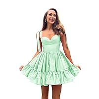 Short Satin Homecoming Dresses for Teens Bow Straps Sweetheart Ruched Prom Cocktail Mini Party Gown