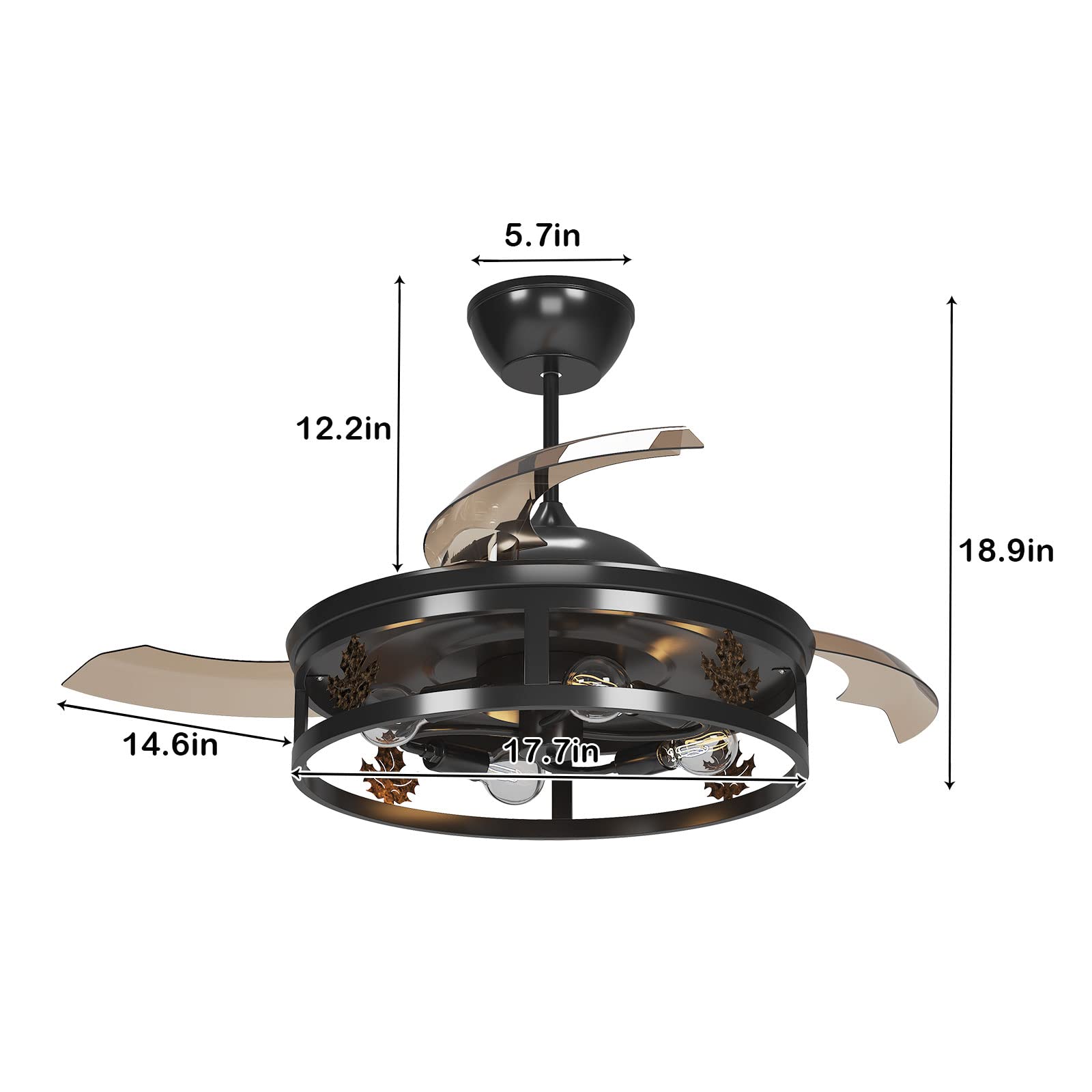 soges Caged Ceiling Fan with Lights & Remote Control, Industrial Black Ceiling Fan with Hidden 3 Reversible Blades, 6 Speeds Wind Adjustable, 1/2/4 H Timer, for Bedroom Kitchen Living Room (No Bulb)