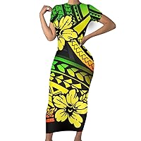 Women's Elegant Polynesian Flower Print Short Sleeve Bodycon Luau Party Dress