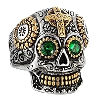 Green Eyes Sugar Skull Ring for Men Women Vintage Stainless Steel Day of The Dead Gothic Cross Finger Band Halloween Size 7-15