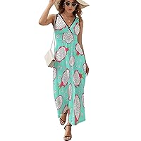 Pitahaya Fruit Sleeveless Dress for Women Trendy V Neck Maxi Tank Dress Sundress