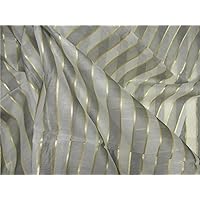 Silk Chanderi Brocade Fabric Stripe Grey/Ivory/Gold 44