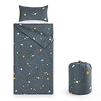 Wake In Cloud - Sleeping Bag Zippered, Nap Mat with Matching Pillow for Kids Boys Girls Sleepover Overnight Travel Slumber Bag, Space Stars Rockets on Gray Grey, 100% Cotton with Microfiber Fill