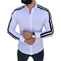 Men's Ribbon Decorated Slim-fit Long Sleeve Shirt Lapel Contrast Color Shirt Vintage Striped Lightweight Shirts