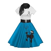 Women's Retro Poodle Print Skater Dress Vintage High Waist Rockabilly Swing Tee Cocktail Party Dresses