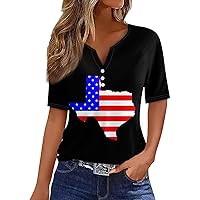 4Th of July Shirts Women,Women's Button Short Sleeve Shirt Flag Print Tee V-Neck Summer Ladies Top