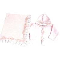 Knitted Crochet Finished Pink Cotton Sweater Hat Blanket with Rhinestone (12-18 mo)