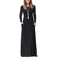 GRECERELLE Women's Round Neck Long Sleeves A-line Casual Maxi Dresses with Pockets Black-Large