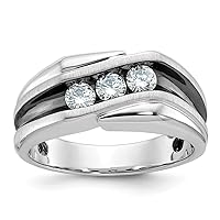 9.27mm 14k White Gold With Black Rhodium Mens Polished Satin and Grooved 3 stone 1/2 Carat Diamond R Jewelry Gifts for Men