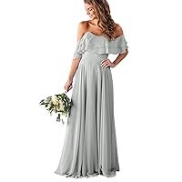 Boho Off The Shoulder Bridesmaid Dresses Long Chiffon Formal Evening Party Gowns with Pockets R005