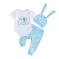 My First Easter Baby Boy Girl Outfit Infant Short Sleeve Romper Bunny Long Pants Hat 3Pcs Easter Clothes Set