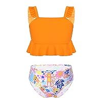 iiniim Kids Girls 2 Piece Flounce Bikini Set Square Neck Crop Top Underwear Floral Printed Swimsuit Swimwear