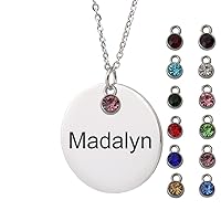HUAN XUN Custom Name Necklace with Birthstone Engraved Disc Monogram Initial