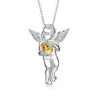 14K White Gold Guardian Angel Necklace with 6X4MM Gemstone & Diamonds on 18