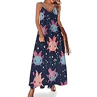 Kawaii Axolotl Women's Maxi Dress Casual V Neck Boho Sleeveless Beach Long Sundress Summer