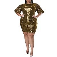 Womens Sexy Plus Size Crew Neck Short Sleeve Sequins Solid Color Package Hip Dress Nightclub Dress