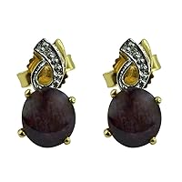 Star Ruby Round Shape Gemstone Jewelry 925 Sterling Silver Stud Earrings For Women/Girls | Yellow Gold Plated