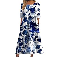 Going Out Dresses for Women Summer Floral Causal V-Neck Button Short Sleeve Midi Dress with Pockets Loose Beach Sundresses