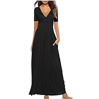 Women's Bohemian Swing Flowy Solid Color Beach V-Neck Trendy Dress Casual Summer Short Sleeve Long Floor Maxi
