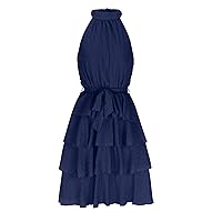 Summer Dresses for Women Casual Sleeveless Mini Dress Halter Neck Tie Waist Beach Dress Solid Smocked Tiered Ruffle Dress