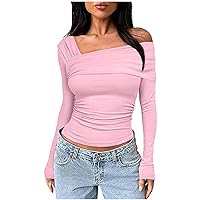 Women Irregular V Neck Tops Long Sleeve Wrap Shirts Ruched Plain Blouses Slim Fit Tight Y2K Tshirt for Going Out