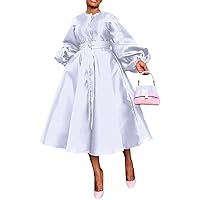SHINFY Women Satin Dress Casual Fashion Long Sleeve Belted Button A Line Long Dresses Flowy Maxi Dress