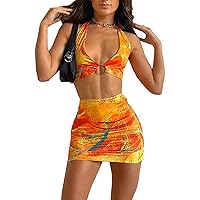 BHMAWSRT Womens Sexy Halter Tie Dye Two Pieces Sets,Y2K Fashion Outfits Sleeveless Tops and Short Skirt
