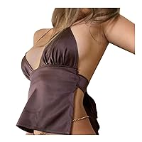 Women's Sexy Deep V Neck Halter Crop Cami Top Spaghetti Strap Tank Top E Girls Bandage Backless Knot Tie Camisole Shirts Brown