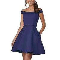 Off Shoulder Short Prom Gown Beaded A-line Cocktail Homecoming Dress with Pockets