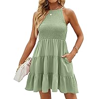 Womens Casual Sleeveless Summer Dresses Halter Smocked Tiered Ruffle A-Line Mini Dress Sundress with Pockets